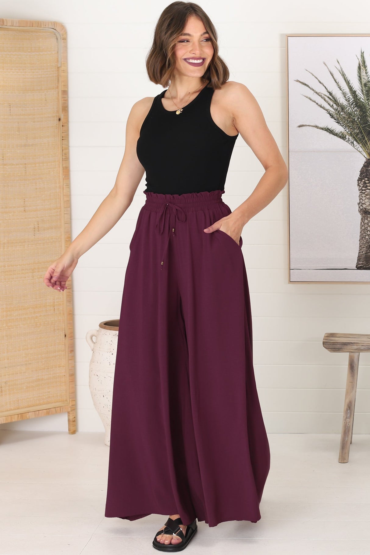 Charli Pants - Paper Bag High Waisted Wide Leg Pants in Wine