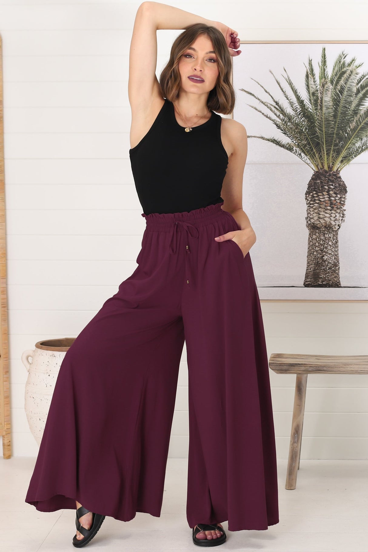 Charli Pants - Paper Bag High Waisted Wide Leg Pants in Wine