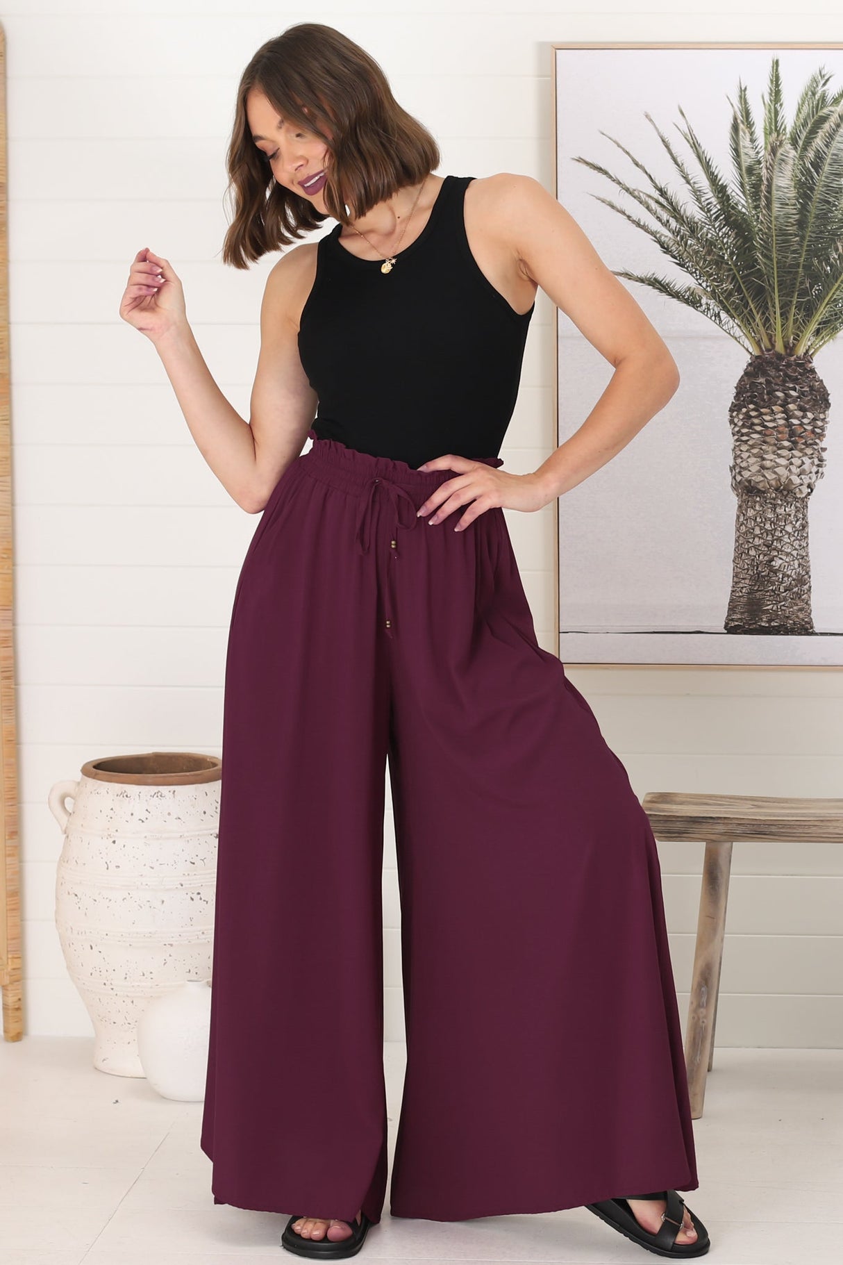 Charli Pants - Paper Bag High Waisted Wide Leg Pants in Wine