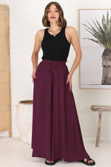 Charli Pants - Paper Bag High Waisted Wide Leg Pants in Wine