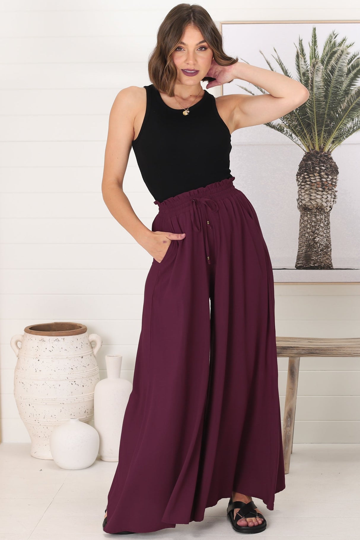 Charli Pants - Paper Bag High Waisted Wide Leg Pants in Wine