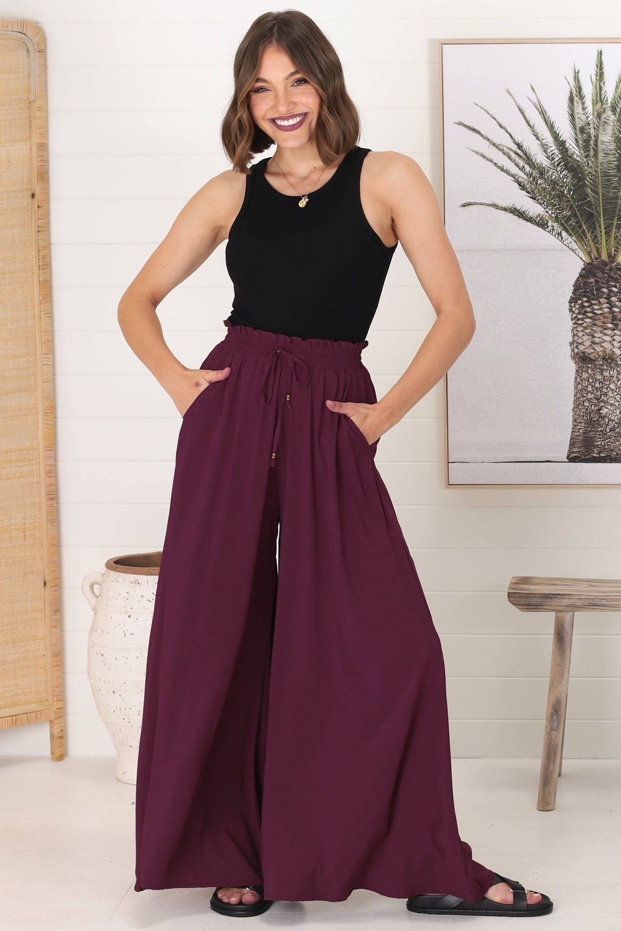 Charli Pants - Paper Bag High Waisted Wide Leg Pants in Wine