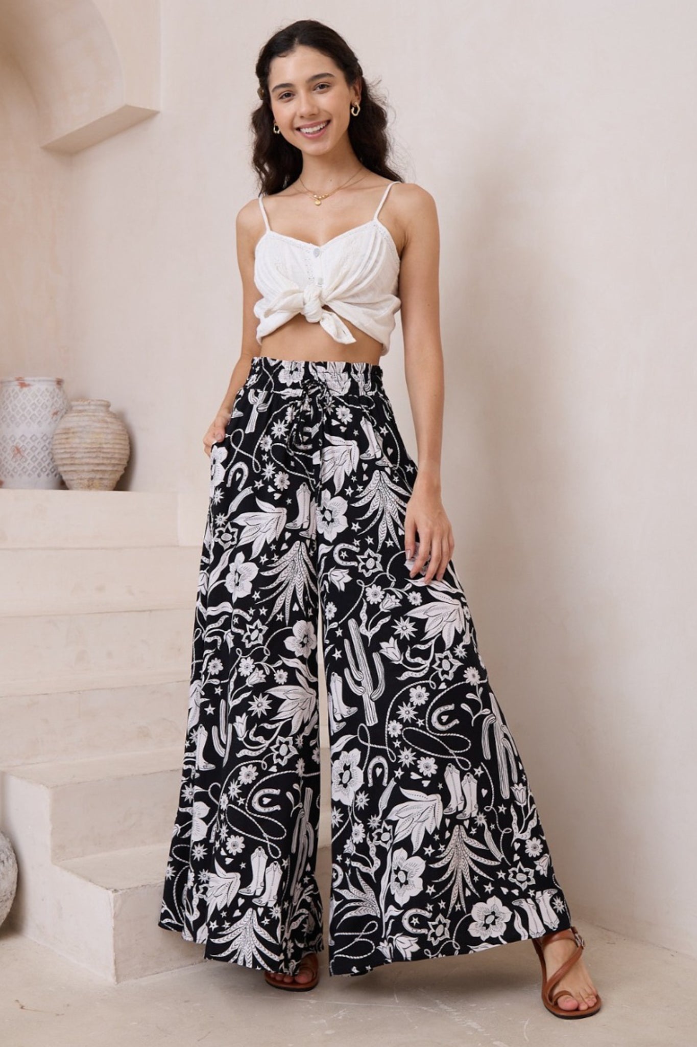 Charli Pants - Paper Bag High Waisted Wide Leg Pants in Wyoming Print