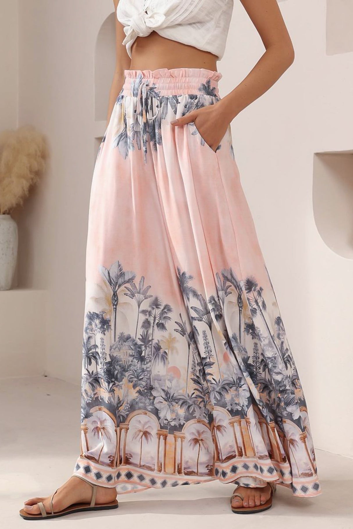 Charli Pants - Paper Bag High Waisted Wide Leg Pants in Armena Print