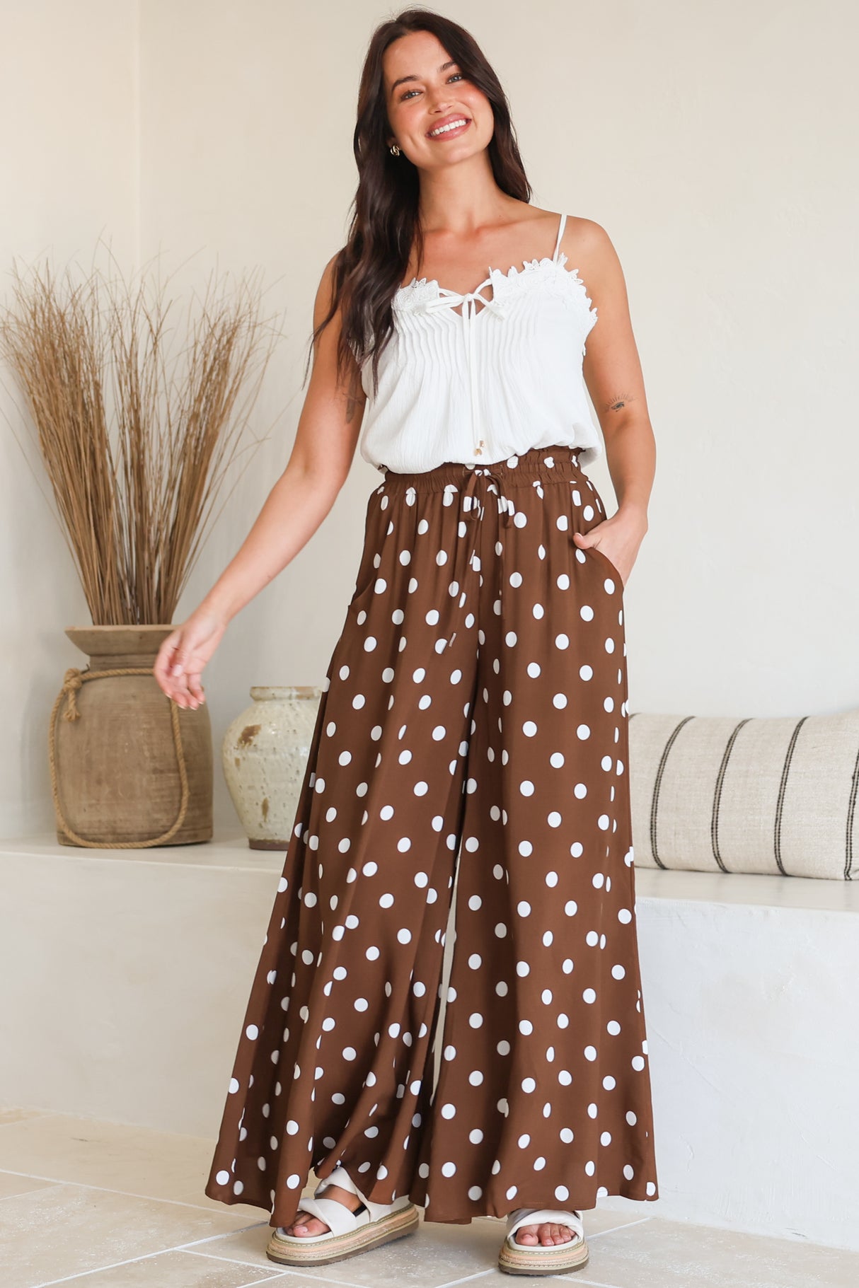 Charli Pants -  Paper Bag High Waisted Wide Leg Pants in Ashti Spot Print Brown