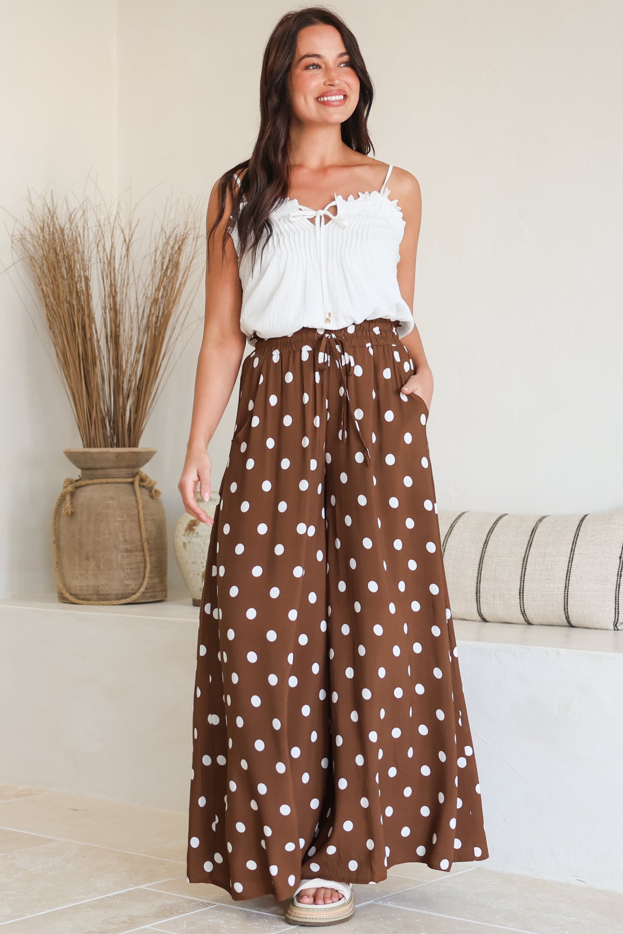 Charli Pants -  Paper Bag High Waisted Wide Leg Pants in Ashti Spot Print Brown