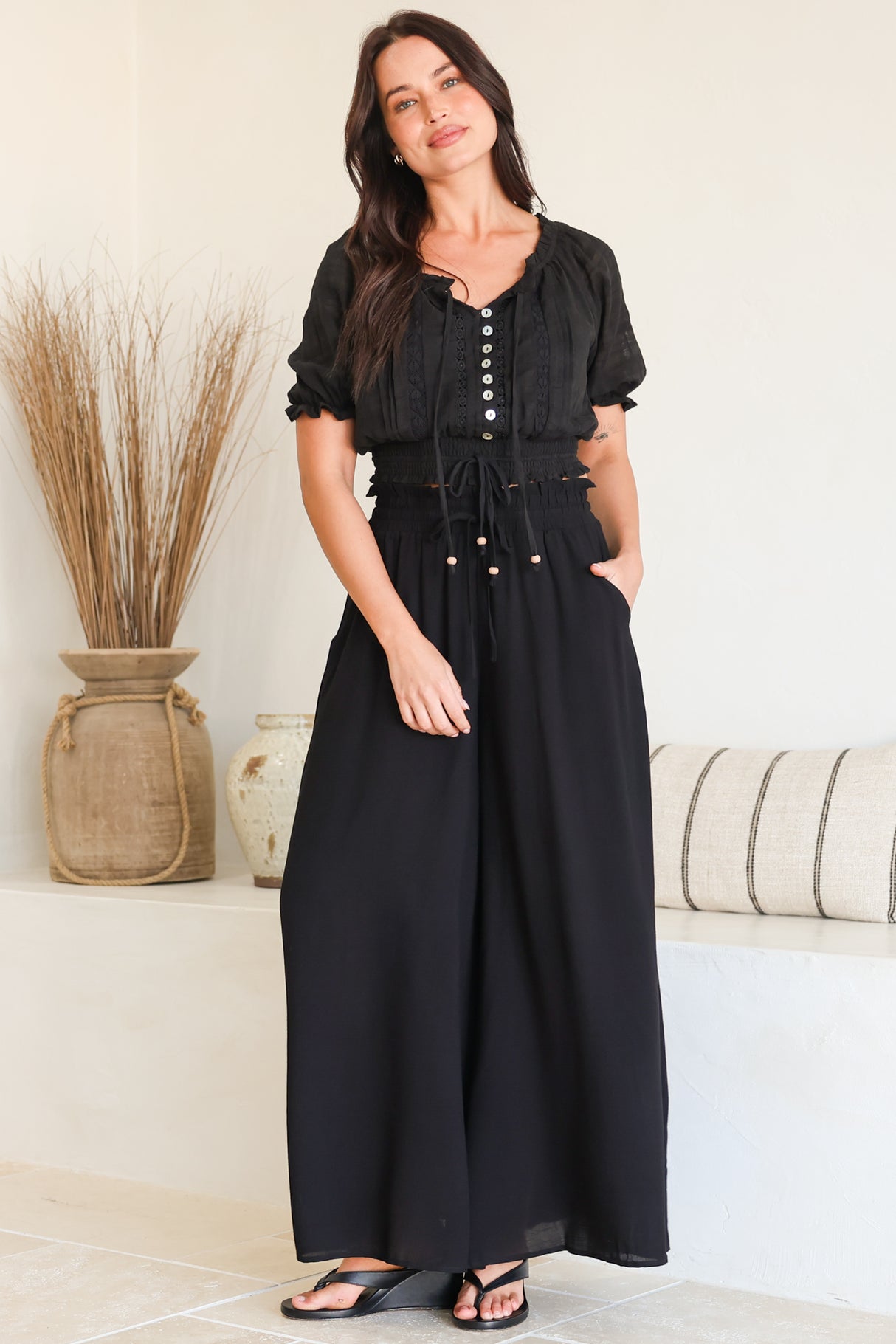 Charli Pants - Paper Bag High Waisted Wide Leg Pants in Black