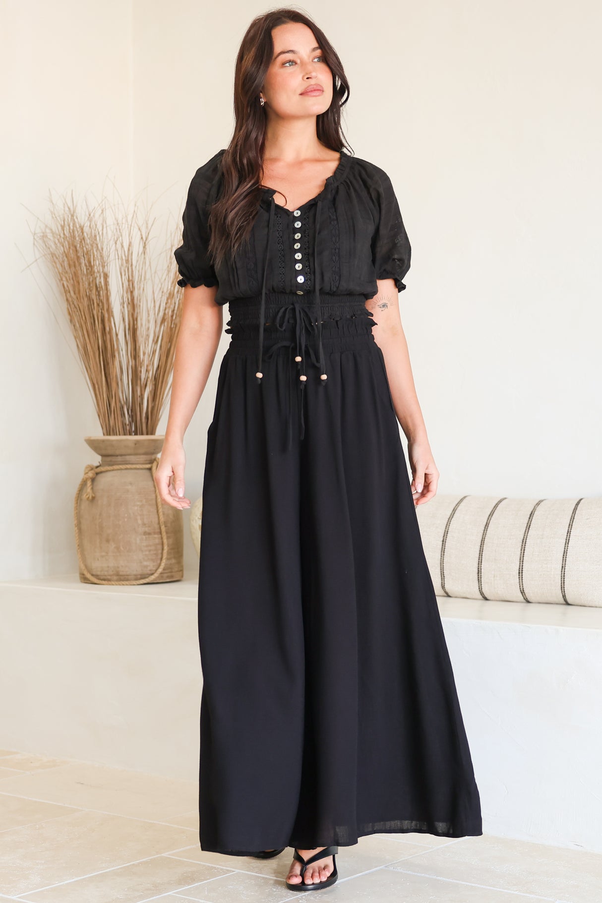 Charli Pants - Paper Bag High Waisted Wide Leg Pants in Black