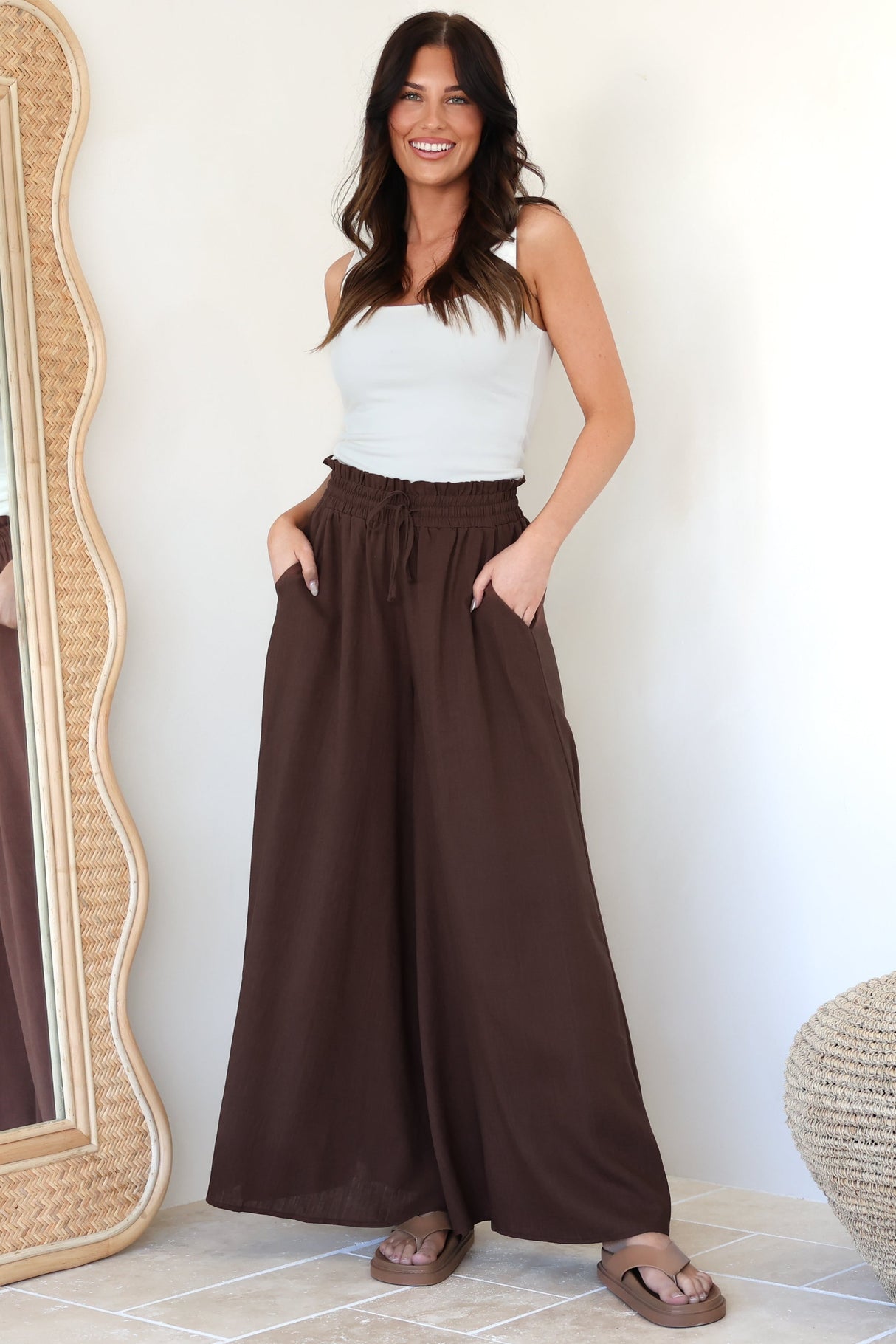 Charli Pants - Paper Bag High Waisted Wide Leg Pants in Brown