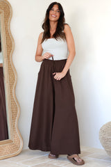 Charli Pants - Paper Bag High Waisted Wide Leg Pants in Brown