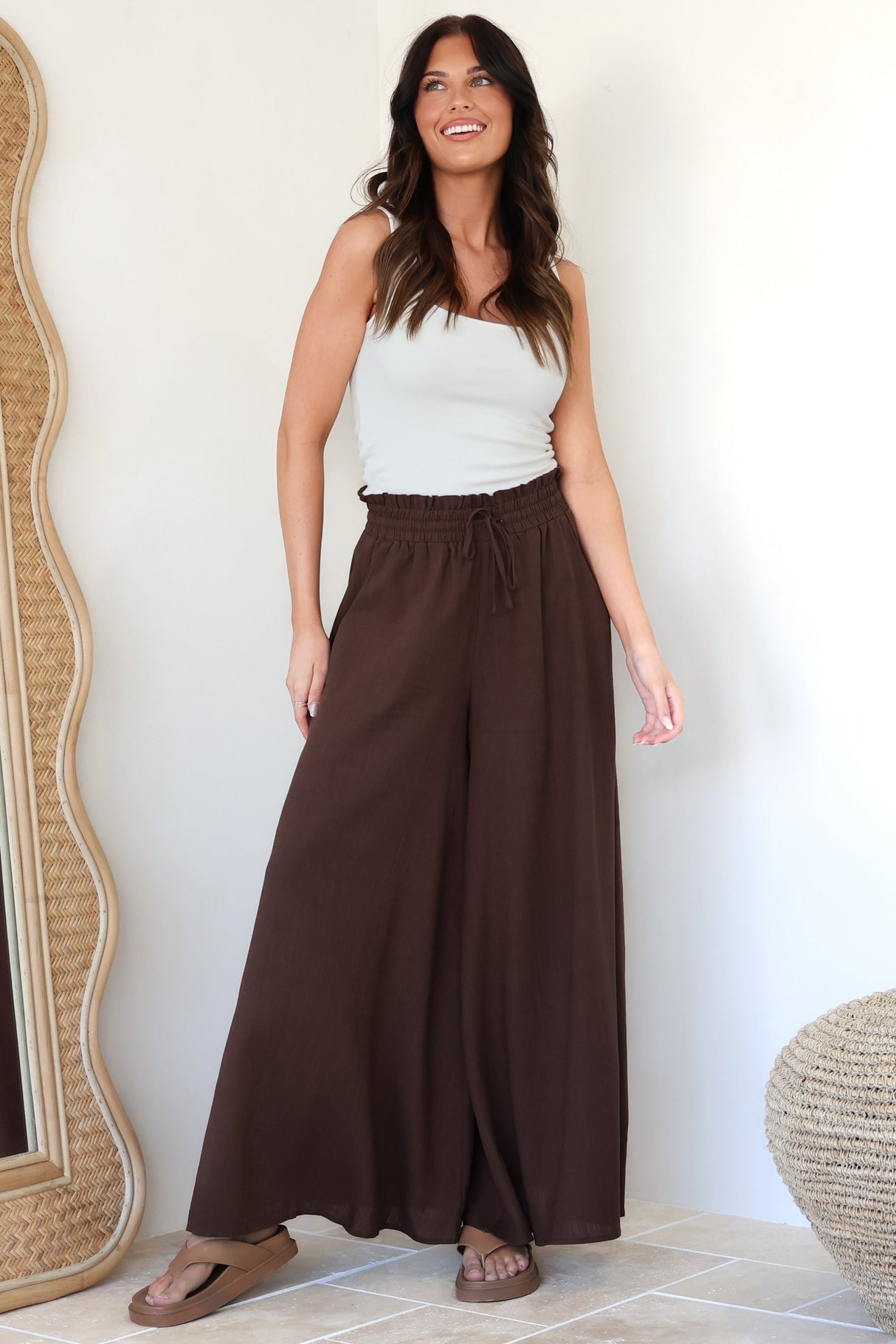 Charli Pants - Paper Bag High Waisted Wide Leg Pants in Brown