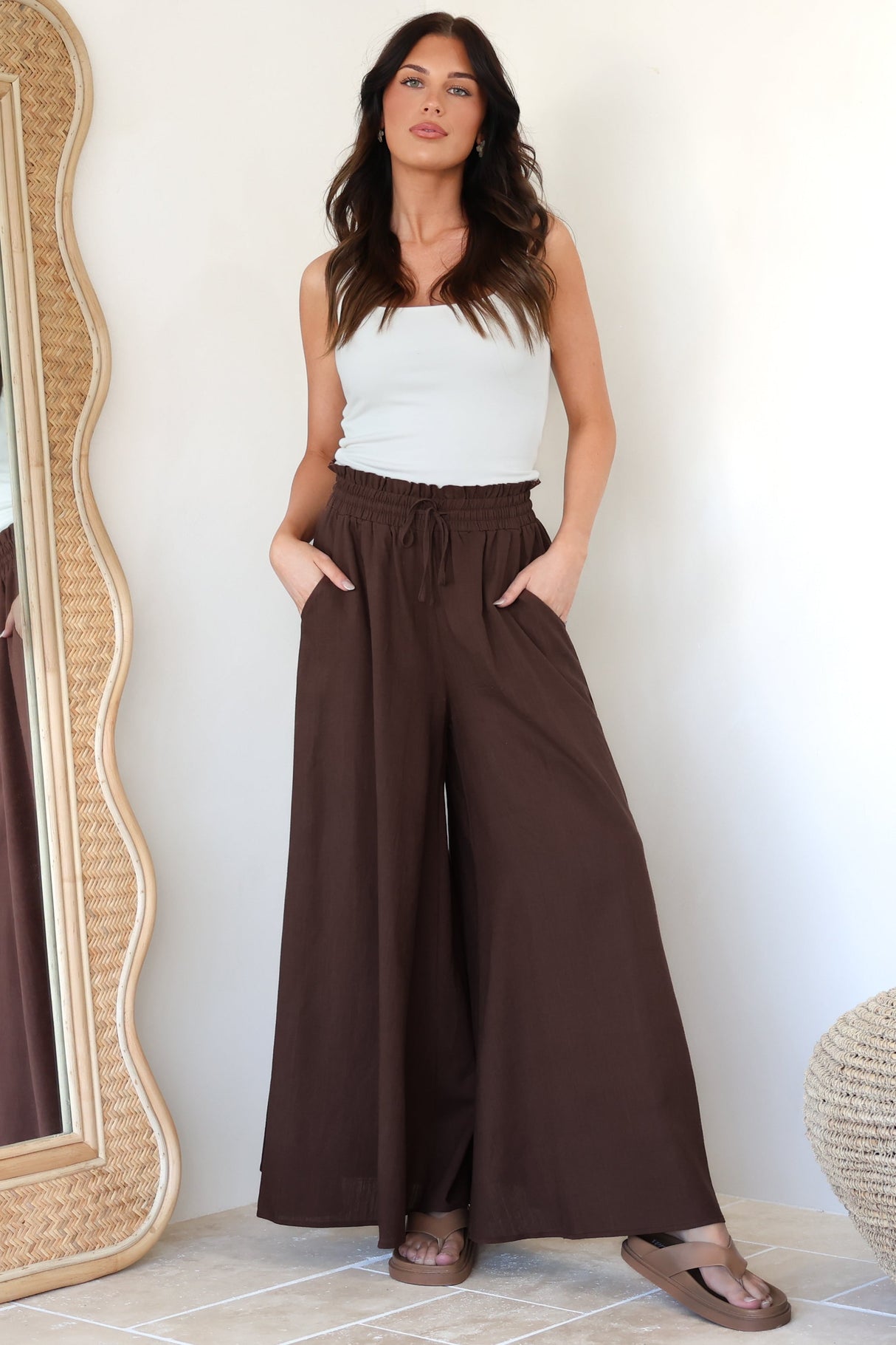 Charli Pants - Paper Bag High Waisted Wide Leg Pants in Brown