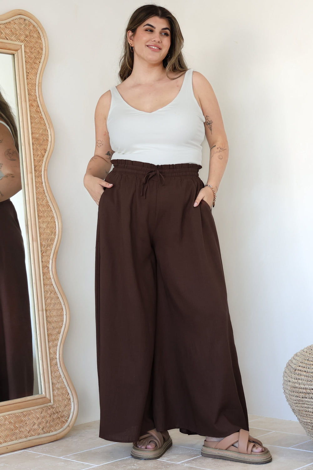 Charli Pants - Paper Bag High Waisted Wide Leg Pants in Brown