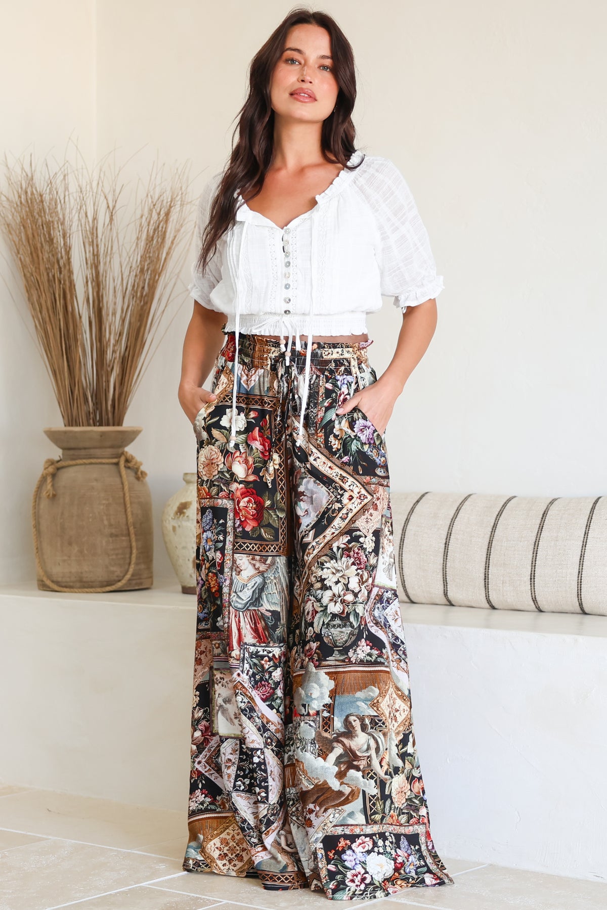Charli Pants -  Paper Bag High Waisted Wide Leg Pants in Elaine Print