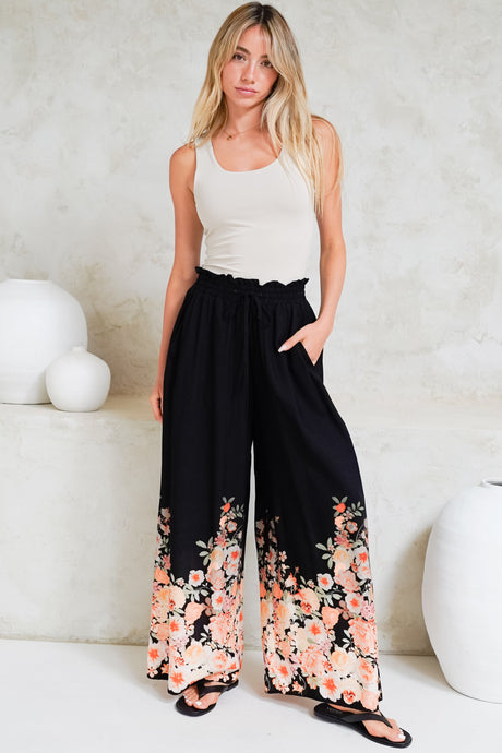 Charli Pants - Paper Bag High Waisted Wide Leg Pants in Florence Print Black