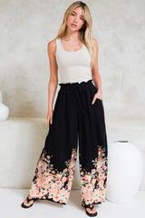 Charli Pants - Paper Bag High Waisted Wide Leg Pants in Florence Print Black