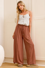 Charli Pants - Paper Bag High Waisted Wide Leg Pants in Rust