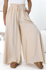 Charli Pants - Paper Bag High Waisted Wide Leg Pants in Sand