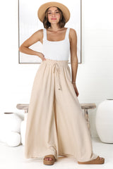 Charli Pants - Paper Bag High Waisted Wide Leg Pants in Sand