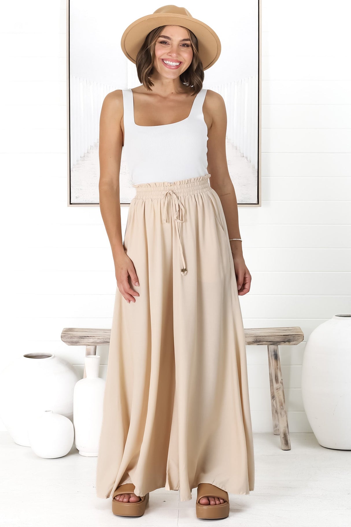 Charli Pants - Paper Bag High Waisted Wide Leg Pants in Sand