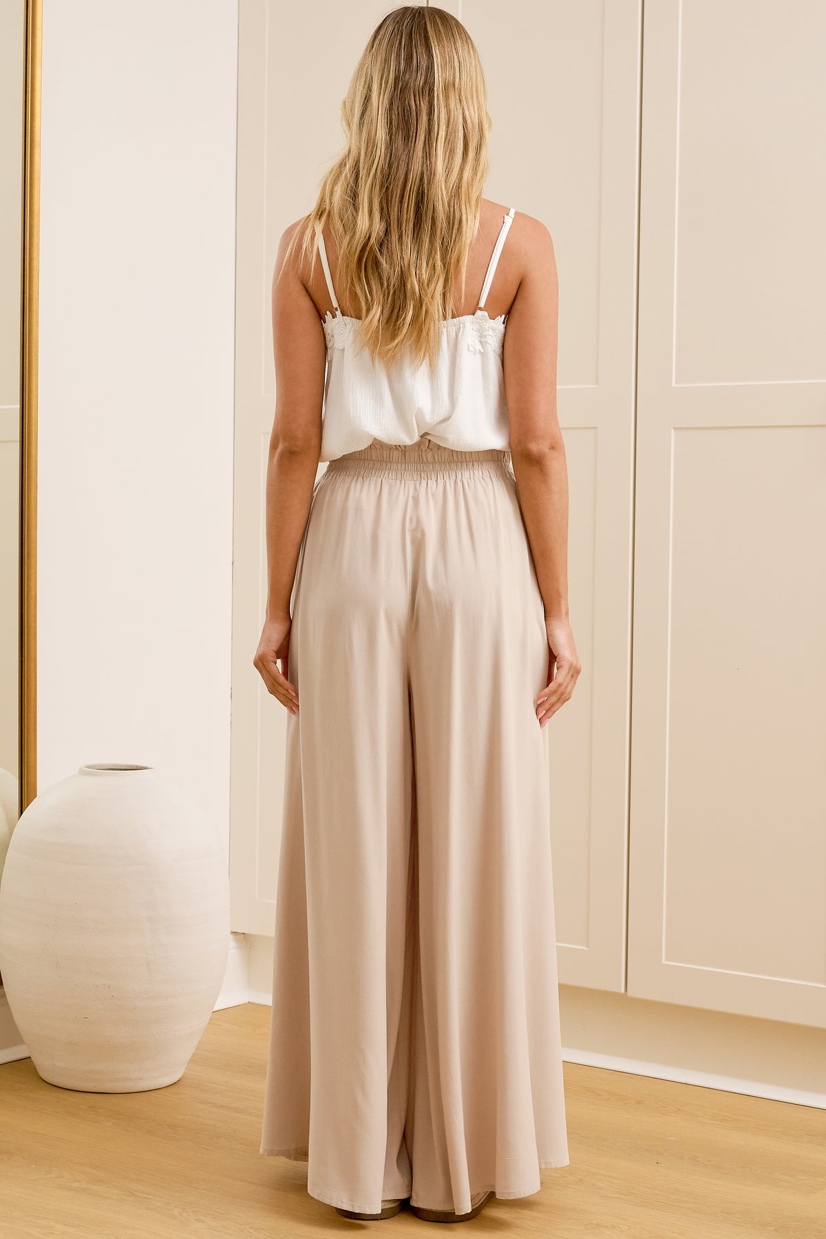 Charli Pants - Paper Bag High Waisted Wide Leg Pants in Sand