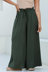 Charli Pants - Paper Bag High Waisted Wide Leg Pants in Olive