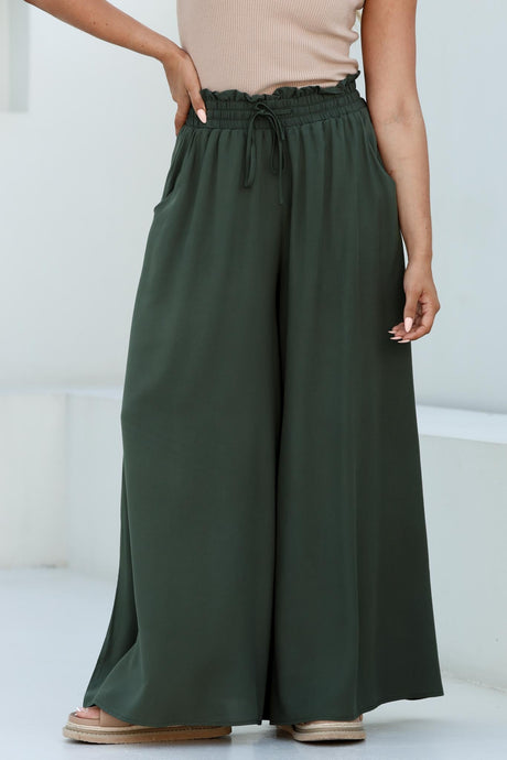 Charli Pants - Paper Bag High Waisted Wide Leg Pants in Olive