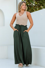 Charli Pants - Paper Bag High Waisted Wide Leg Pants in Olive