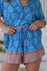 JAASE - Charlie Shorts: Elasticated High Waist Short with Scoop Hem and Pockets in Take Me On Vacay Print