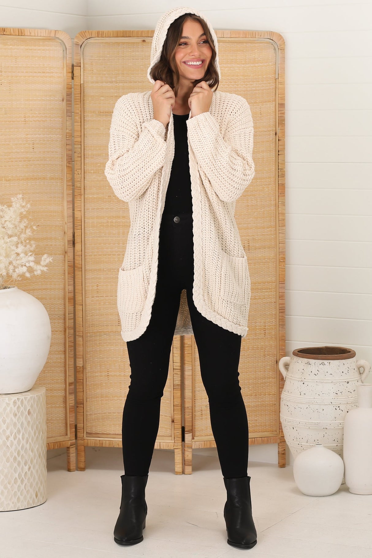 Chase Cardigan - Cable Knit Hooded Cardigan in Beige