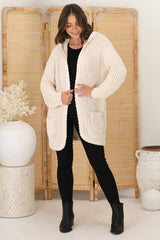 Chase Cardigan - Cable Knit Hooded Cardigan in Beige