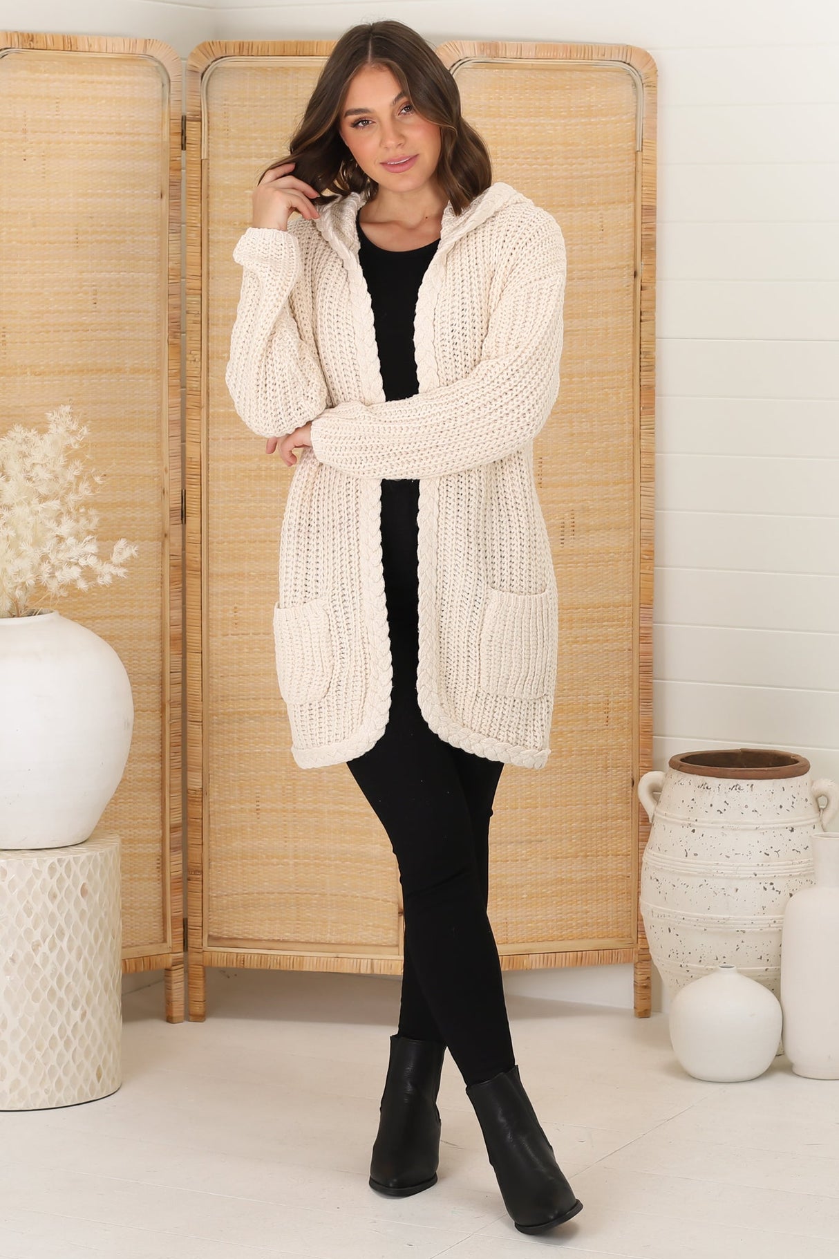 Chase Cardigan - Cable Knit Hooded Cardigan in Beige