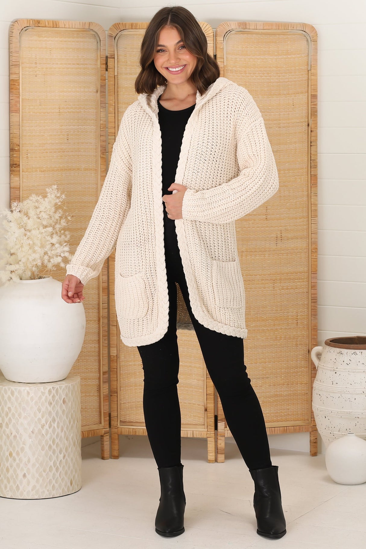 Chase Cardigan - Cable Knit Hooded Cardigan in Beige