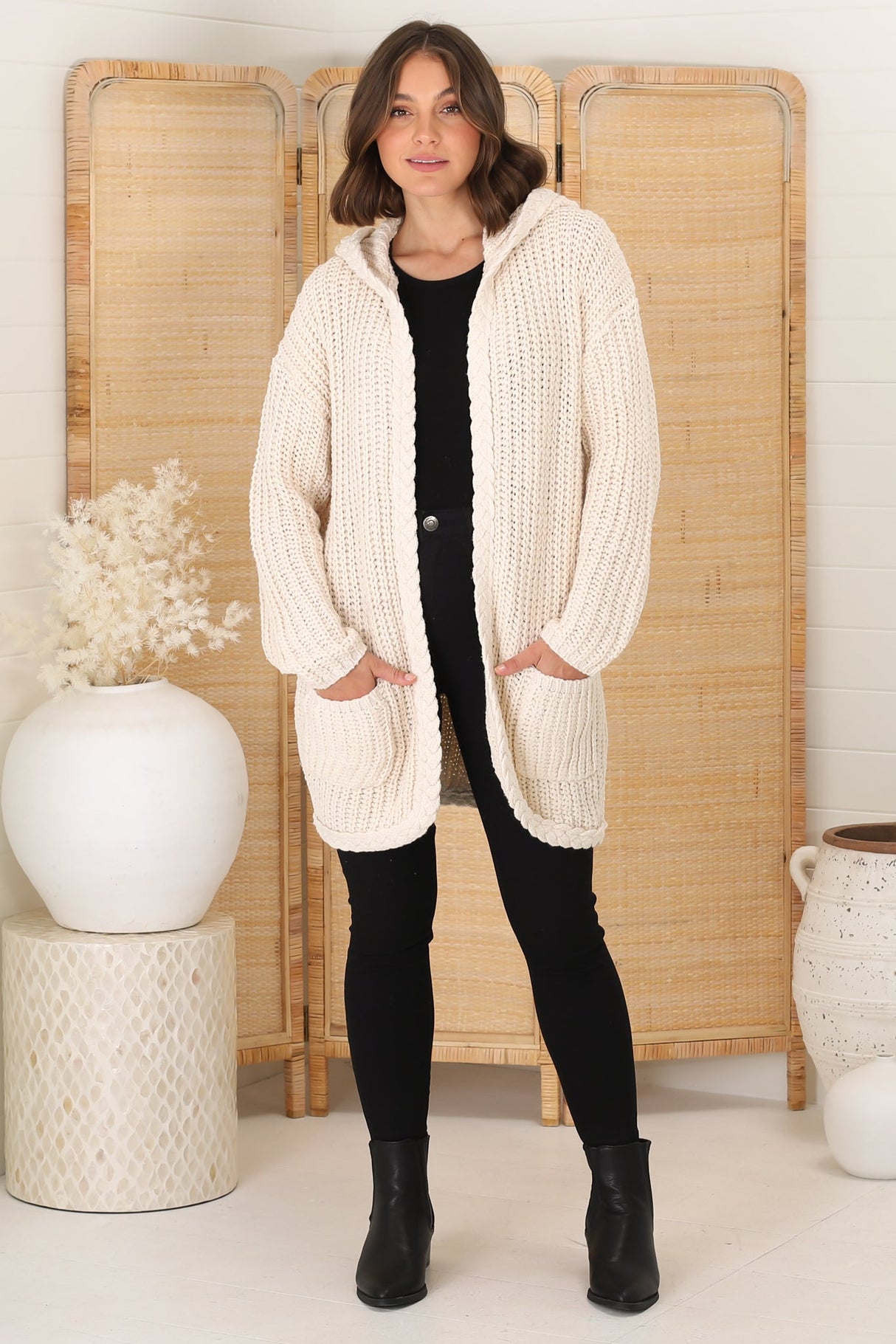 Chase Cardigan - Cable Knit Hooded Cardigan in Beige