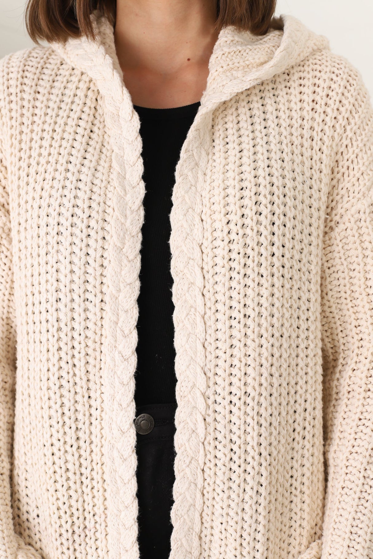 Chase Cardigan - Cable Knit Hooded Cardigan in Beige