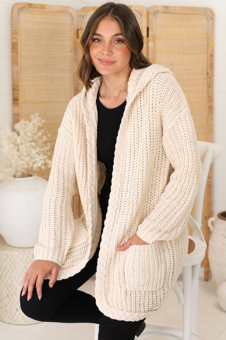 Chase Cardigan - Cable Knit Hooded Cardigan in Beige