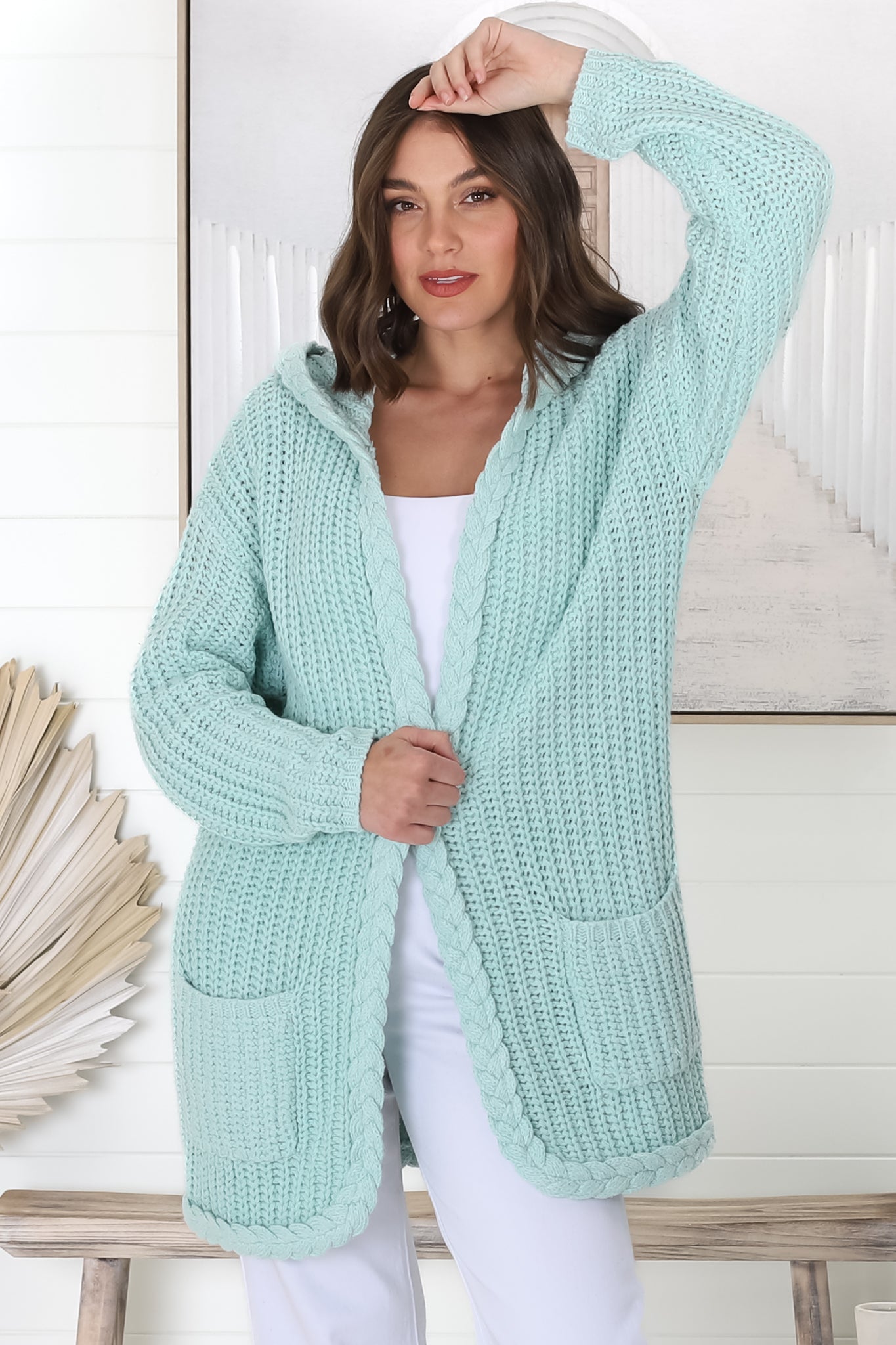 Chase Cardigan - Cable Knit Hooded Cardigan in Mint