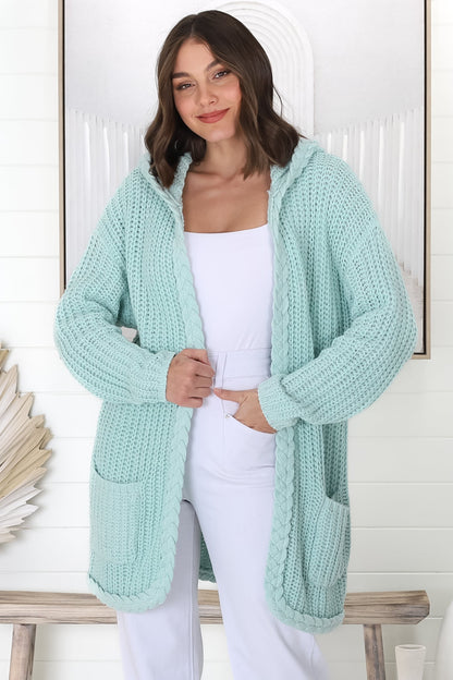 Chase Cardigan - Cable Knit Hooded Cardigan in Mint