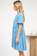 Chelle Mini Dress - Mandarin Collar Short Puff Sleeve Dress with Pockets in Dory Print