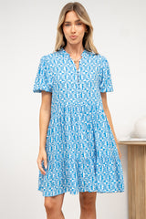 Chelle Mini Dress - Mandarin Collar Short Puff Sleeve Dress with Pockets in Dory Print