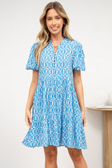 Chelle Mini Dress - Mandarin Collar Short Puff Sleeve Dress with Pockets in Dory Print