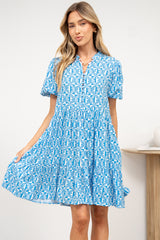 Chelle Mini Dress - Mandarin Collar Short Puff Sleeve Dress with Pockets in Dory Print