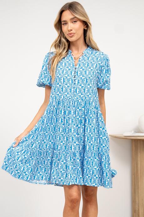 Chelle Mini Dress - Mandarin Collar Short Puff Sleeve Dress with Pockets in Dory Print