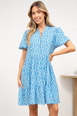 Chelle Mini Dress - Mandarin Collar Short Puff Sleeve Dress with Pockets in Dory Print
