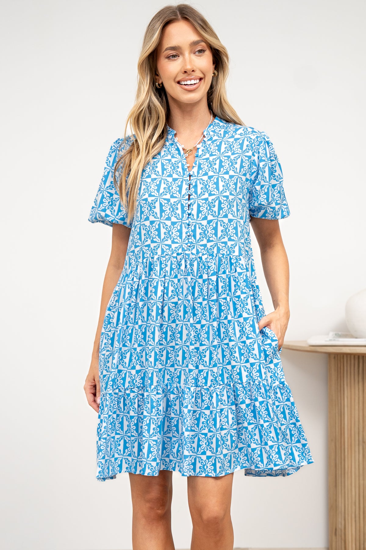Chelle Mini Dress - Mandarin Collar Short Puff Sleeve Dress with Pockets in Dory Print