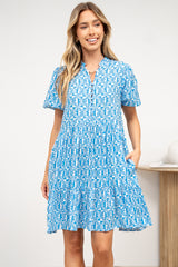 Chelle Mini Dress - Mandarin Collar Short Puff Sleeve Dress with Pockets in Dory Print
