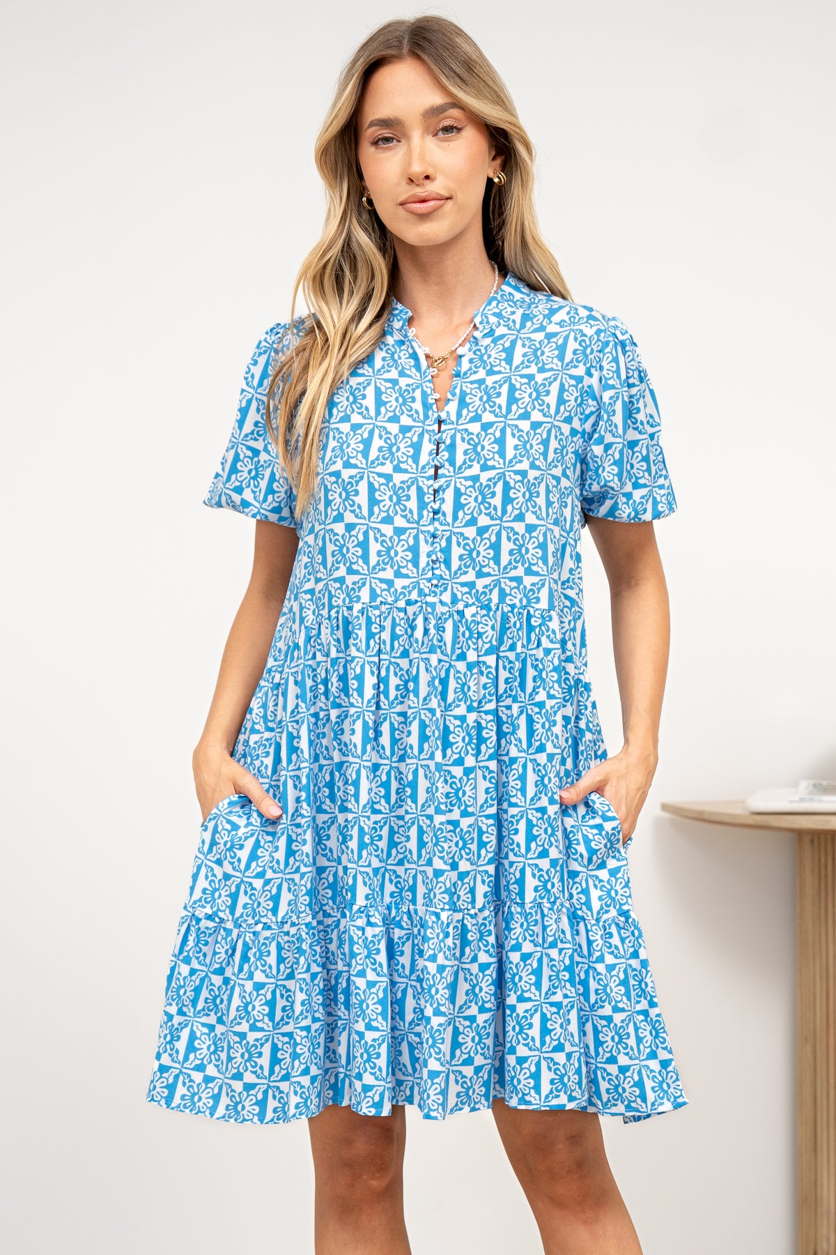 Chelle Mini Dress - Mandarin Collar Short Puff Sleeve Dress with Pockets in Dory Print
