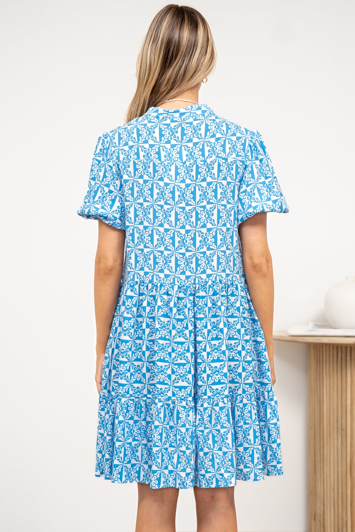 Chelle Mini Dress - Mandarin Collar Short Puff Sleeve Dress with Pockets in Dory Print