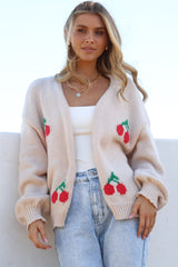 Cherrie Cardigan - Open Front Cherry Print Cardigan with Detatchable Ties in Beige