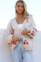 Cherrie Cardigan - Open Front Cherry Print Cardigan with Detatchable Ties in Beige
